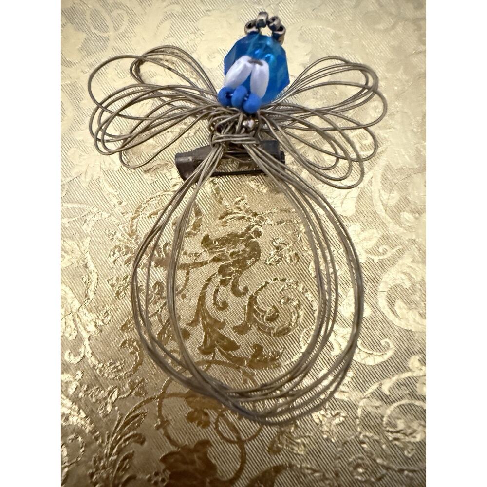 Vintage Handcrafted Wire Angel Pin Brooch Gold Tone Blue Christmas Holidays